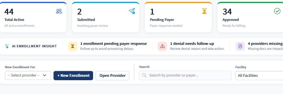 RIEL payer enrollment board with status cards, AI enrollment insights and filter controls