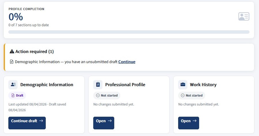 RIEL provider self-service portal showing profile completion, an action-required notice and profile section cards